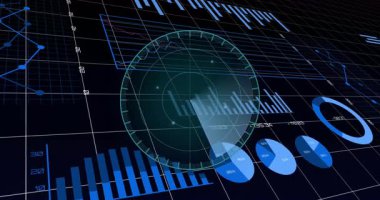 Fütürist dijital gösterge paneli tarayıcı radar grafiğini ve kaydırma çizgisi grafiğini 3 boyutlu olarak sunar. Veri, analitik, görselleştirme, teknoloji, arayüz, dijital, gelecekçi