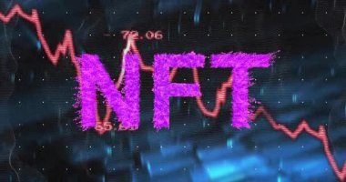 NFT kısaltması soyut dijital gösterge panelinde canlandırılıyor, kırmızı çizgi grafiğini nokta ızgarasında gösteriyor. Teknoloji, yenilik, veri, siber güvenlik, finans, dijital sanat, gelecekçi