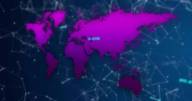 Mor dünya haritası silueti ağ bağlantılarını görselleştiriyor, parlayan düğümleri ve yüzen verileri gösteriyor. Teknoloji, bağlantı, dijital, geleceksel, bilgi, siber, veri