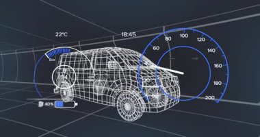 Şebeke tünelinde süzülen kablo çerçeveli elektrikli araba göstergeler, pil, sıcaklık, zaman. Gelecek, teknoloji, simülasyon, ui veya arayüz, otomotiv, sanal, araştırma