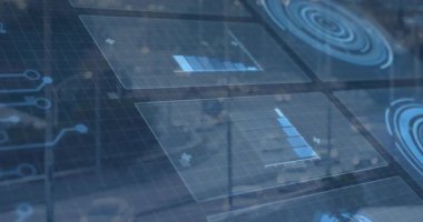 Üzerinde mavi çizelgeler ve radar simgeleri olan yüzen panelleri 3D olarak gösteren gelecekçi gösterge paneli. Teknoloji, veri, yenilik, arayüz, görselleştirme, analiz, soyut