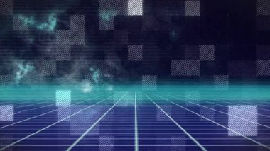 Kablo çizgileri ve yüzen piksellerle parlayan şebeke zemininde retro neon titreşimler oluşuyor. Fütürist, dijital, soyut, neon, siber, geometrik, canlı