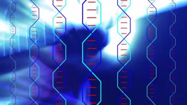 Bulanık mor-mavi sahnede kırmızı baz çiftleriyle DNA çift sarmalını gösteren 3D çizim. Bilim, biyoteknoloji, moleküler, yenilik, fütüristik, dijital, veri