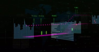 Finansal görselleştirme koyu gösterge panelinde canlandırılıyor, 3 boyutlu şamdan çubukları, trend çizgileri gösteriliyor. Teknoloji, analitik, veri, dijital, arayüz, fütürist, yatırım