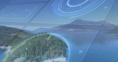 Orman yarımadasının dağ gölüne girmesi şebeke örtüleri, dairesel çizelgeler ve simgeler. Doğa, teknoloji, ormancılık, manzara, yenilik, dijital, vahşi doğa