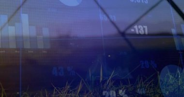 Finansal örtüşme sunumu çubuk grafiği, çizgi grafiği, turta grafiği çimenli alan üzerinde yüzen sayılar. Veri görselleştirme, analitik, açık hava, doğa, minimalist, teknoloji, finans