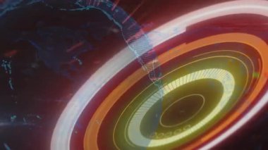 Parlak Dünya haritası ve neon ışık çizgileriyle dönen HUD elementleri içeren gelecekteki arayüz. Fütürist, siber punk, teknoloji, aydınlatma, dijital, soyut, yenilik