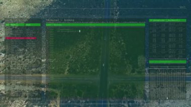 Düz dizayn terminal arayüzü çöl yolunda gösteriliyor, giriş tablosu ve altıgen dökümü gösteriliyor. Teknoloji, siber güvenlik, veri, dijital, modern, endüstriyel, soyut