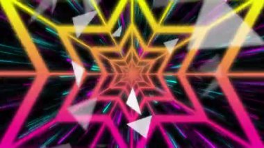 Dijital uzayda dönen neon yıldız tüneli, gradyan ışıltısı, çizgiler, yüzen üçgenler yayıyor. Fütürist, geometrik, enerjik, soyut, hareketli, dijital alarm, illüzyon