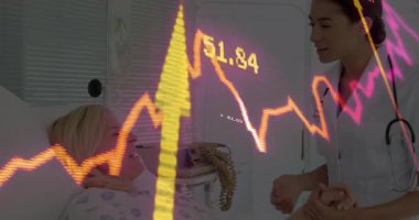 Hemşire hastayı yatağa yatırıyor, el ele tutuşuyor ve sağlık veri dalgalarını gösteriyor. Tıbbi, bakım, sağlık hizmeti, teşhis, şefkatli, klinik, veri görselleştirmesi