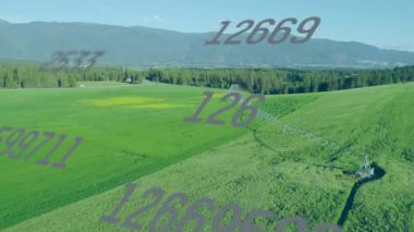 Merkez pivot sulama sistemi, sayısal veri örtüşmesini gösteren yeşil ekin alanlarında canlandırma yapıyor. Tarım, tarım arazisi, hava, teknoloji, çevre, sürdürülebilirlik, manzara