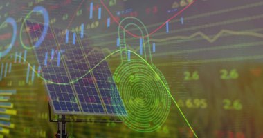 Güneş paneli üzerinden finansal veri işleme görüntüsü. Elektrik, enerji ve güç dağılımı dijital olarak oluşturulmuş görüntü.