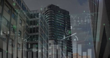 Şehir manzarası üzerinde hareket eden matematiksel formüllerin resmi. Bilim, eğitim ve öğrenme kavramı dijital olarak oluşturulmuş görüntü.