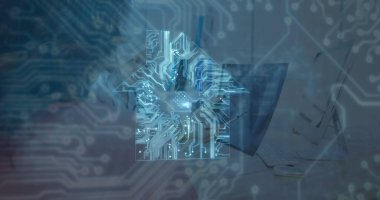 Çeşitli doktor ve hastaların üzerinde bilgisayar devre kartı olan bir ev resmi. küresel tıp, sağlık ve bağlantılar konsepti dijital olarak oluşturulmuş görüntü.