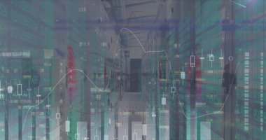 Şehirdeki finansal veri işleme ve sunucu odasının resmi. küresel iş, finans ve dijital arayüz kavramı dijital olarak oluşturulmuş görüntü.