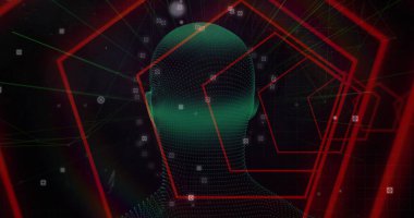 Siyah arkaplanda kafa ve şekiller. Retro gelecek ve dijital arayüz konsepti dijital olarak oluşturuldu.