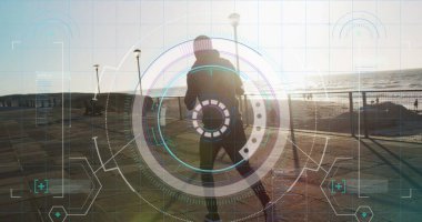 Afrikalı bir Amerikalının dijital arayüzü. Küresel bağlantılar, refah, zindelik ve sağlıklı yaşam tarzı konsepti dijital olarak oluşturuldu.