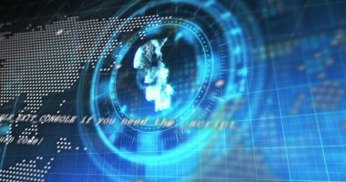 Statistical data processing and russian rubble symbol over a round scanner against blue background. global economy and business technology concept