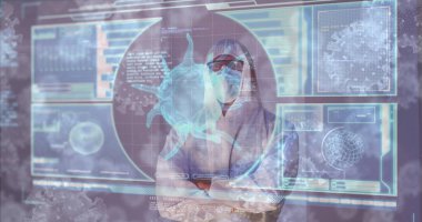 Kovid 19 hücre görüntüsü ve beyaz takım elbiseli beyaz erkek doktor üzerindeki veriler. küresel covid 19 salgın, sağlık hizmetleri ve veri işleme kavramı dijital olarak oluşturulmuş görüntü.