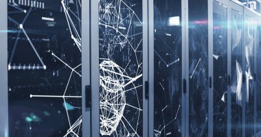 Sunucu odasındaki bağlantı ağının resmi. Küresel teknoloji, bilgisayar ve dijital arayüz kavramı dijital olarak oluşturulmuş görüntü.