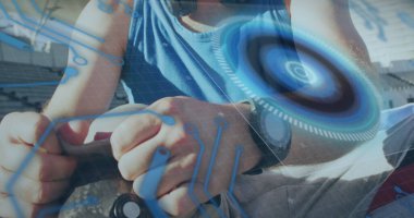 Engelli beyaz sporcunun veri işleme görüntüsü. küresel spor ve dijital arayüz kavramı dijital olarak oluşturulmuş görüntü.