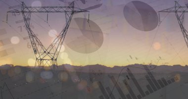 Gün batımında elektrik direkleri üzerinden finansal verilerin görüntüsü. enerji, elektrik, finans ve ekonomi kavramı dijital olarak oluşturulmuş görüntü.