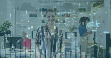 Ofisteki ve şehirdeki çeşitli iş adamlarının finansal veri işleme görüntüsü. küresel iş, finans ve dijital arayüz kavramı dijital olarak oluşturulmuş görüntü.