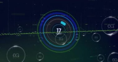 Merkezi dairesel veri görselleştirmesi dijital arayüzde dönüyor, noktalı halkalar gösteriyor, 6G kabarcıkları. Gelecek, teknoloji, arayüz, veri, dijital, soyut, yenilik