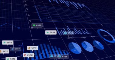 Dijital veri görselleştirme sahnesi şebekede ve yüzen sosyal etiketlerde 3 boyutlu grafikleri gösteriyor. Gelecekçi, analitik, gösterge paneli, teknoloji, ağ, istatistik, yenilik