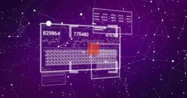 Mor ağın üzerinde yüzen saydam UI paneli, sayısal değerleri, grafikleri ve kodları gösteriyor. Gelecek, teknoloji, veri, arayüz, dijital, görselleştirme, ağ