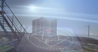 Endüstriyel teknisyen, metal merdivenlerdeki dizüstü verileri incelerken yüzen grafikler ortaya çıkıyor. Endüstriyel, mesleki, güvenlik, mühendislik, inşaat, teknik, açık hava