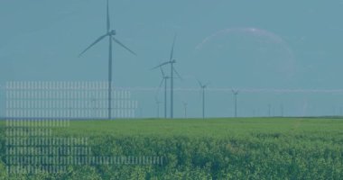 Rüzgar türbinleri düz dizayn edilmiş ekinlerin üzerinde dalgalanan dalgalanma grafikleri ve yüzen kablo küresi ile dönüyor. Yenilenebilir enerji, sürdürülebilirlik, manzara, fütüristik, teknoloji, çevre dostu