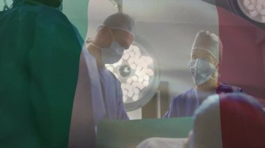 Hastane ameliyathanesinde ameliyat yapan cerrahi ekip, canlandırılmış hayati belirtiler gösteriyor. Tıbbi, sağlık, klinik, takım çalışması, profesyonel, hassas, kısır
