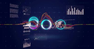 Neon 3 boyutlu spiral bobin. Dalgalanan grafikler veri gösterirken dalgalanan halkalar üzerinde dönüyor. Fütürist, dijital, soyut, teknoloji, veri, görselleştirme, canlı