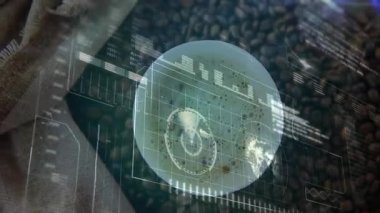 Kahve fincanı ahşap paspasın üzerinde yüzüyor, holografik ızgarayı, radarı, bar haritalarını, dünya haritasını gösteriyor. Teknoloji, yenilik, fütürizm, veri görselleştirme, modern tasarım, dijital arayüz, üretkenlik