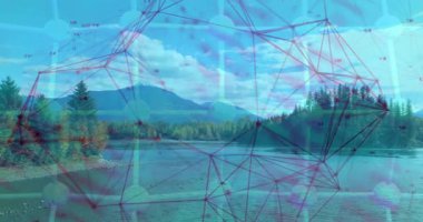 Dağ nehri dijital ağ altında akıyor, gökyüzünü yansıtıyor ve parlayan cyan düğümler. Doğa, manzara, bağlantı, teknoloji, sükunet, ekoloji, yenilik