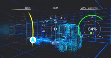 Tel çerçeve yarı kamyon 3D ızgarada ilerliyor. Hız göstergesi, batarya, navigasyon yolu gösteriyor. Gelecek, teknoloji, ulaşım, sanal, siber, otomotiv, dijital