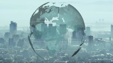 Şehir yüzeyinde yüzen 3D render kaplama ızgara çizgileri ve uzak port vinçleri vurgulanıyor. Coğrafya, teknoloji, kentleşme, küresel, yenilik, bağlantı, fütüristik