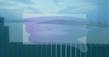 Alacakaranlık sahili deniz manzarasında birleşik veri görselleştirmesi, çubuk çizelgeleri ve okları gösteriyor. Denizci, analitik, modern, finans, dijital, panoramik, içgörü