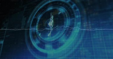 3 boyutlu gösterge panelinde gösterilen parçalanmış Bitcoin sembolü dairesel HUD halkalar ve dalga şeklini gösteriyor. Kripto para birimi, engelleme zinciri, dijital finans, yenilik, teknoloji, fütürizm, veri görselleştirme