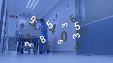 Sağlık personeli hasta yatağını koridorda itiyor. Animasyon ve stetoskop ikonları sergiliyor. Sağlık, personel, sağlık hizmetleri, klinik, hastane, takım çalışması, profesyonel