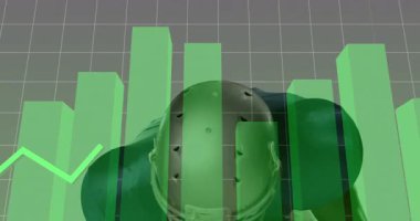 Stüdyoda kask ayarlayan futbolcu, spor finansmanı ile yeşil çubuk ve çizgi grafiğini birleştiriyor. Sporcu, spor, teknoloji, analitik, sağlık, motivasyon, performans