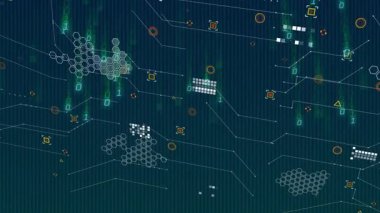 Ağ arayüzü, çift haneli basamakları ve dağılmış geometrik düğümleri gösteriyor. Siber uzay, veri görselleştirme, fütüristik, teknoloji, dijital arayüz, soyut, yenilik