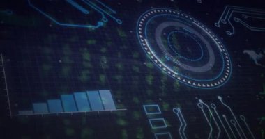 Fütüristik dairesel radar kadranı yükselen mavi çizgiler ve parlayan çizgilerle karanlık ızgarada dönüyor. Teknoloji, yenilik, dijital, veri görselleştirme, siber, soyut, modern