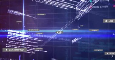 Merkezi parlayan mavi ışın, üç boyutlu ızgara üzerinde ikili kod yayıyor ve yapay zeka gereçleri gösteriliyor. Teknoloji, veri, yenilik, dijital, siber güvenlik, analitik, fütürist