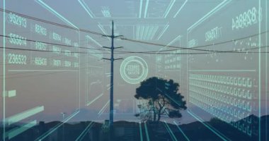 Aktarım kulesi, alacakaranlık silueti üzerinde holografik veri panellerini gösteriyor. Teknoloji, altyapı, gelecekçilik, şehir, yenilik, dijital, sürdürülebilirlik