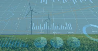 Rüzgar türbinleri yeşil alanın üzerinde dönüyor, şeffaf enerji göstergelerini 3 boyutlu olarak gösteriyor. Yenilenebilir, sürdürülebilirlik, dijital, analitik, teknoloji, çevre, çevre dostu