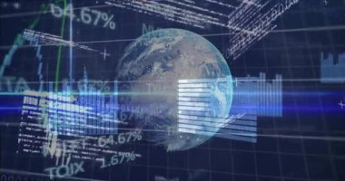 3D Dünya küresi mavi ızgara UI 'da ikili akımlar, çizgi grafikleri ve şamdanlarla canlandırılıyor. Teknoloji, finans, analitik, veri görselleştirme, dijital arayüz, siber güvenlik, yatırım