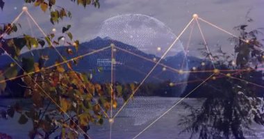 Gölün üzerinde yüzen yarı şeffaf noktalı dünya, altın ağ çizgileri ve kod parçaları sürükleniyor. Teknoloji, görselleştirme, dijital, bağlantı, yenilik, gelecekçilik, ekolojik