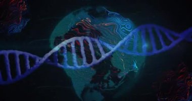 Mavi-beyaz DNA sarmalı boşlukta kıvrılıyor, nokta-matris küre ve neon çizgiler içeriyor. Fütürist, bilimsel, teknoloji, yenilik, görselleştirme, soyut, dijital